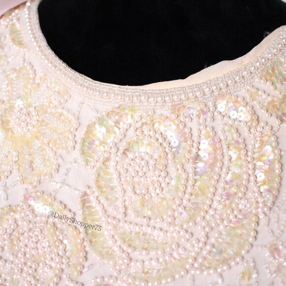 Handmade Women's Pastel Pink Sequin & Bead Satin Chiffon Handkerchief Hem Dress - Picture 5 of 10